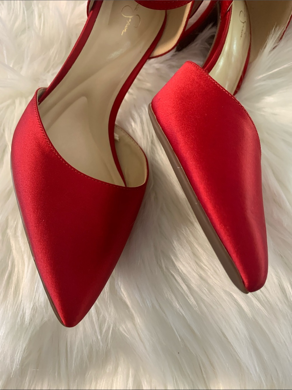 Red Satin Pointed-Toe Ankle-Strap Heels with Bow Accent by Jessica Simpson 9.5M - Picture 8 of 10